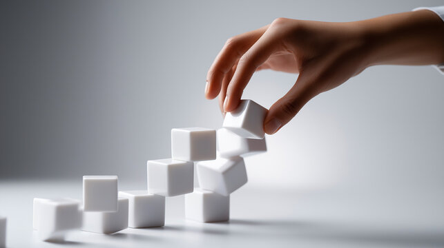 Hand rotating cubes showing location work terminology clean white backdrop onsite remote comparison workplace choice symbolism career flexibility concept with copy space