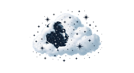 Silhouette of a human face within a fluffy cloud with stars isolated on transparent background