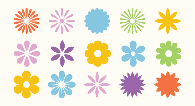 Collection of flower geometric shapes. Colorful brutalism abstract symbols. Decorative patterns  Isolated on background.