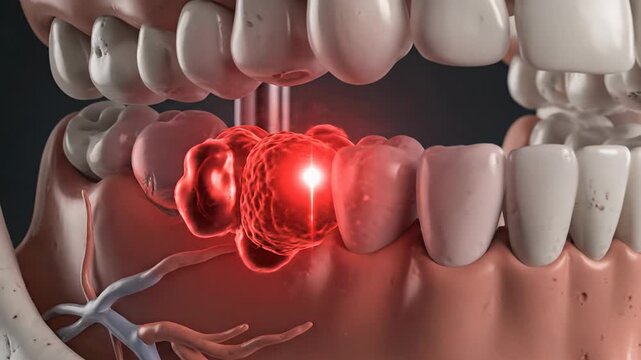 3D Animation of a Toothache and Dental Pain in the Jaw Highlighting the Affected Area with Red Glow.