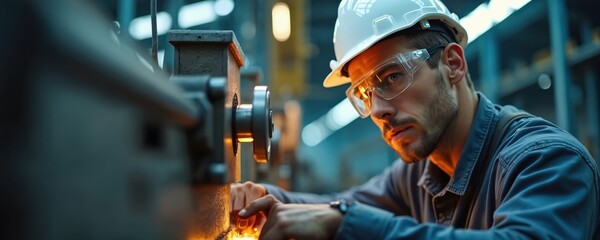 Man in hard hat, safety glasses works at metal lathe machine. Sparks fly as precisely shapes metal part in busy factory workshop. Skilled machinist operates heavy equipment for manufacturing project.