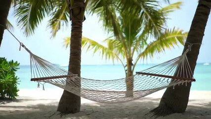 Hammock suspended between palm trees on beach with ocean in background for relaxation