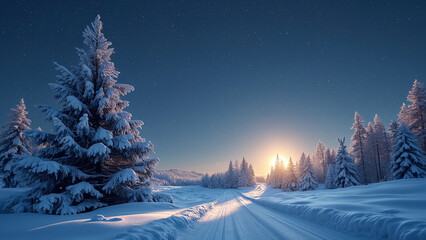 Enchanting Winter Sunrise: Serene Snowy Landscape for New Year Celebrations