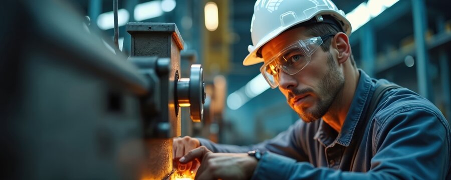 Man in hard hat, safety glasses works at metal lathe machine. Sparks fly as precisely shapes metal part in busy factory workshop. Skilled machinist operates heavy equipment for manufacturing project. - Powered by Adobe