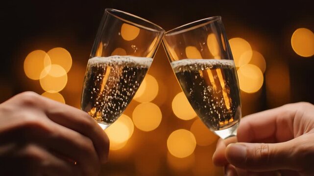 Festive close-up of two champagne glasses clinking together, filled with bubbly golden wine, set against a warm and blurred bokeh backdrop, perfect for celebrations and special occasions