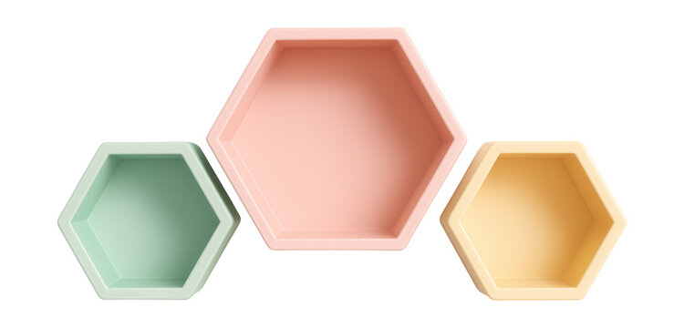 Pastel hexagonal wall shelves, ideal for nurseries to showcase small decor.