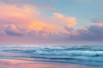 Obraz premium soft pastel dawn sky over calm ocean waves creating a meditative peaceful and gently uplifting morning atmosphere
