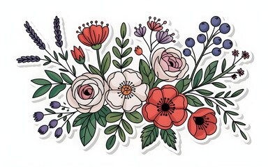 Colorful Hand Drawn Floral Bouquet With Berries flowers