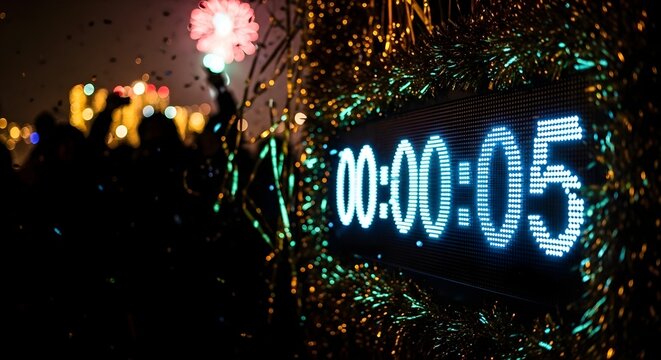 New Year Countdown with Glowing LED Numbers and Sparkling Decorations jpeg image.