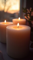 Three candles are lit and placed on a table. The candles are white and the light from them is creating a warm and cozy atmosphere
