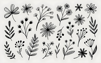 Hand- Drawn Floral and Leaf Elements in Black and White
