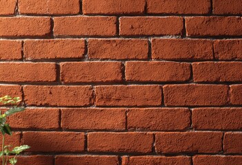 Obraz premium Close-up of a weathered red brick wall with visible mortar joints and textures. Some foliage in corner