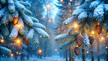 Snow fall in beautiful winter forest. Christmas new year magic. Three branches of blue spruce with cones and magic lights.