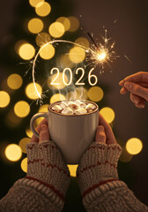Cozy Hygge Holiday Scene: Warm Drink and Sparkler Celebration for New Year 2026