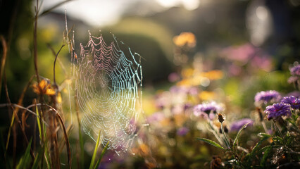 A Spider Web In The Middle Of A Field Of Flowers