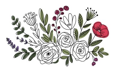 Outline Floral Arrangement With Berries And Buds flowers