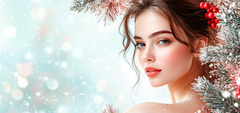 Young woman with festive makeup surrounded by winter branches on snowy background, holiday and beauty promotions, seasonal advertising campaign, Christmas sale, special offer, Copy space