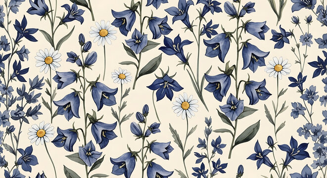 seamless Moody floral Watercolor pattern | Deep navy blue and indigo wildflowers, white daisies, and gold botanical accents on a cream background. A seamless, hand-painted floral design
