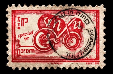 Obraz premium Vintage, red and white postage stamp featuring a stylized motorcycle image
