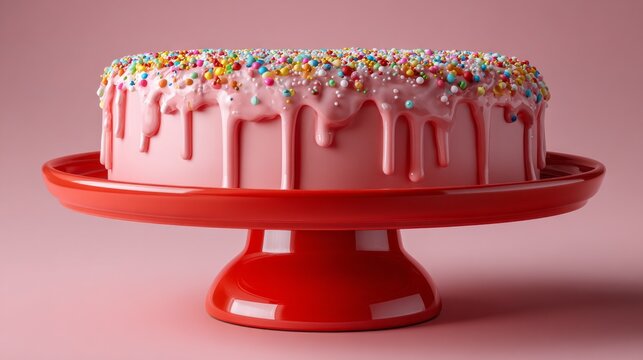 A vibrant pink cake with a glossy glaze is topped with colorful sprinkles. It stands proudly on a bright red pedestal, perfect for special occasions and sweet celebrations
