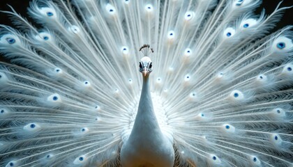 Obraz premium White peacock displays its fanned tail feathers with blue eyespots. Male bird shows off plumage during courtship ritual in nature preserve. Exotic wild animal in its habitat.