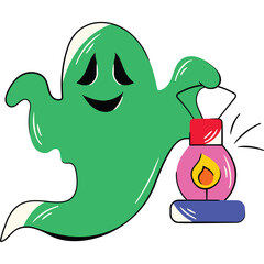 A Cheerful Green Ghost Character Holding a Colorful Lantern with a Transparent Background