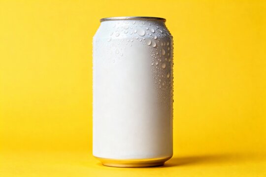 A chilled white aluminum can with water droplets on a bright yellow background. A perfect mockup for presenting beverage products to look refreshing.