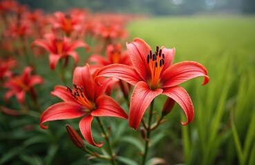 Red lily flowers bloom in rich garden. Closeup on beautiful blossoms with vibrant petals in large field. Natural park with green grass in background. Summer scenery of many blooming amaryllis plants.