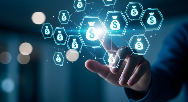 Hand touching glowing digital money bag icons in a futuristic network interface representing financial technology and investment growth