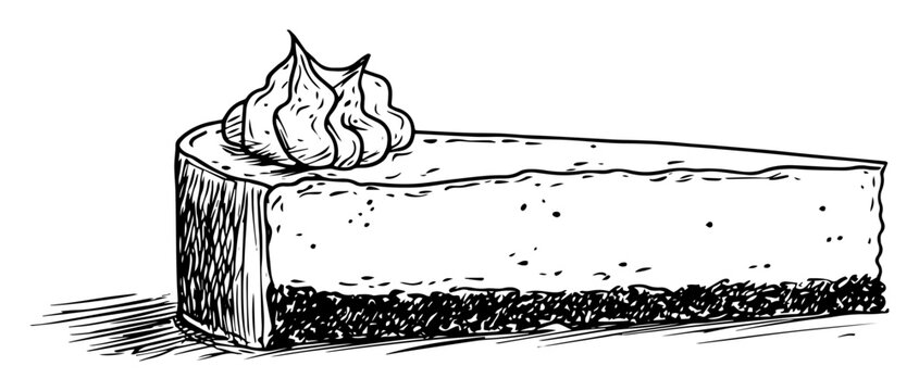 cake slice with cream topping vector sketch fine lines in ink engraving style