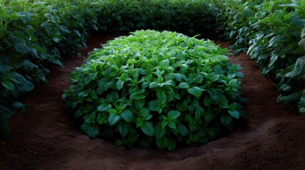 Large group of green plants growing in a field. the plants are arranged in a circular pattern, with the largest plant in the center and the smaller ones on either side.