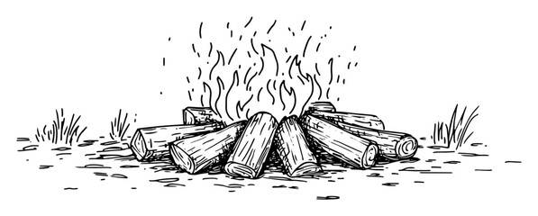 bonfire wood logs burning vector sketch fine lines in ink engraving style © Kaz