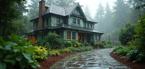 Old victorian house green facade on rainy day. Wet stone path leads to entrance, surrounded by rich green plants and trees. Warm light glows from windows suggesting cozy interior.