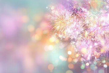 A colorful explosion of fireworks in a blurry background of pastel hues and bokeh lights