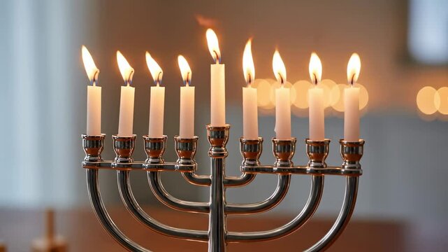 A beautiful silver menorah with nine illuminated candles sitting on a wooden table, surrounded by traditional holiday items for Hanukkah celebrations, including dreidels and chocolate coins.