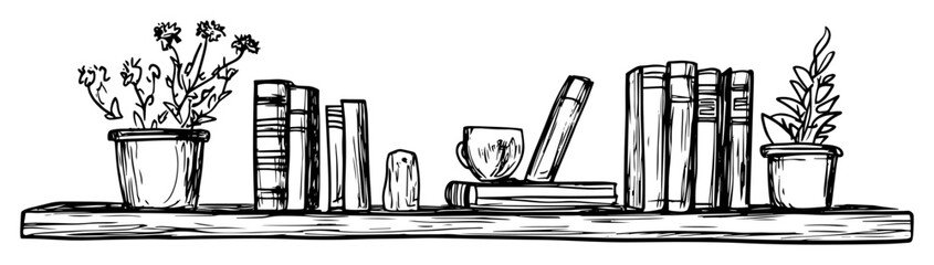 bookshelf with books and plants hand drawn doodle sketch vector black shape © Kaz