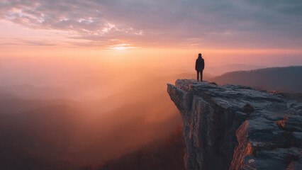 Obraz premium A Man Standing On The Edge Of A Cliff Watching The Sun Go Down