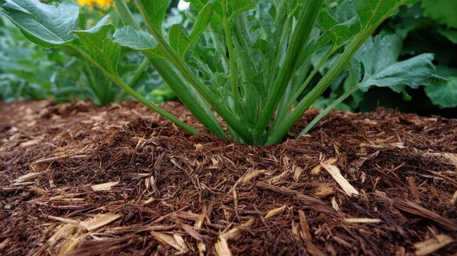 Close-up of a garden bed with a large green plant growing in it. the plant has long, thin leaves that are pointed at the tips and appear to be healthy and well-maintained.