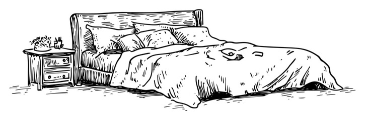 double bed with pillows hand drawn doodle sketch vector laser engraving © Kaz