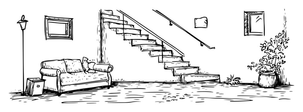 home interior with sofa and stairs hand drawn doodle sketch vector laser engraving