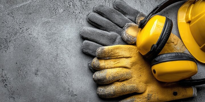 A close-up of construction safety equipment, including gloves, earmuffs, and a hard hat, on a gray surface - Powered by Adobe