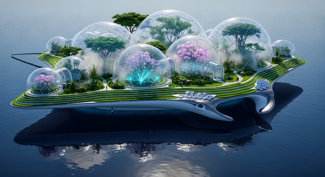 Floating island with futuristic domes housing trees and plants against sky - Powered by Adobe