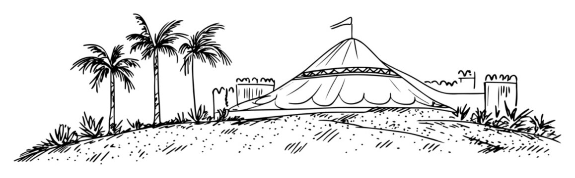 desert tent and palm trees hand drawn outline doodle vector sketch shape