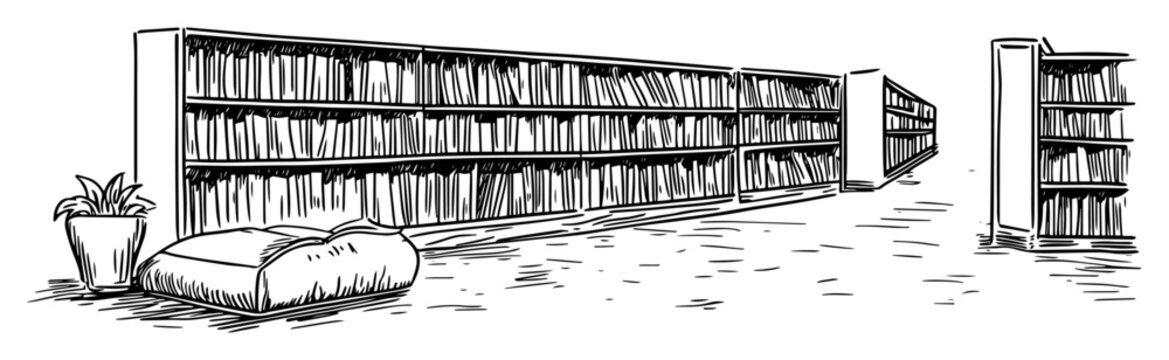 library interior hand drawn vector sketch in black and white