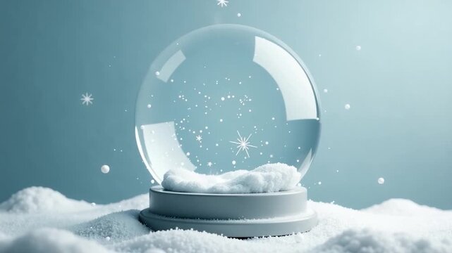 A snow globe sits atop a pile of snow, surrounded by winter wonderland scenery