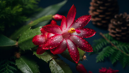 Christmas Cactus Flower Close-Up with Dew Drops and Pine Cones