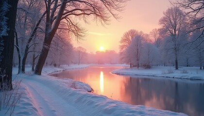 Winter sunrise paints sky with pink and orange hues over snow covered park and frozen pond. Bare trees with frosted branches stand beside calm water reflecting dawn light. Peaceful cold morning.