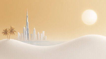 Futuristic landscape: city in the desert, palms and sun — concept for tourism and architectural visuals.