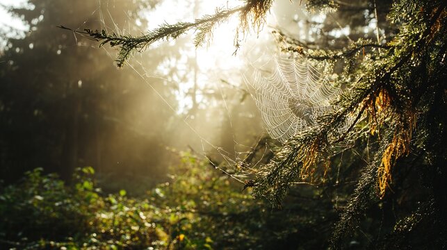 camelot. A serene morning forest with sunbeams filtering through leaves and dew drops on spiderwebs. travel magazines, destination branding, designed for outdoor magazines and nature guides.