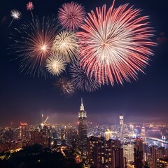 Fototapeta premium Colorful Fireworks Background with Bright Sparks, Explosive Light Effects, Festive Celebration Glow, Night Sky Party Illustration, Holiday Festival Firework Display
